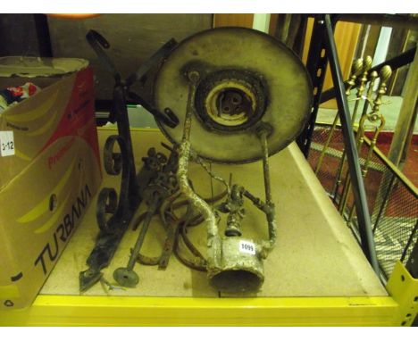 A vintage gas railway lamp with copper hood together with two vintage lamp brackets of varying design 
