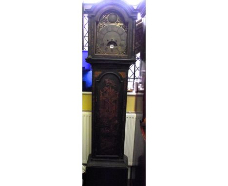 An 18th century oak longcase clock with chinoiserie detail, the hood with column supports enclosing a twelve inch broken arch