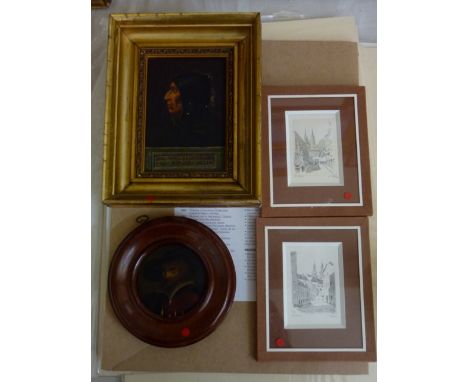 An unusual 19th century oil painting on board, a profile portrait of a Renaissance style gentleman with Latin inscription Hie