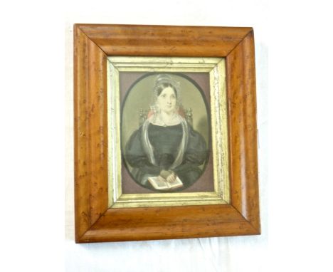 A good quality 19th century portrait minature of oval form showing half length study of a lady in black dress, whitelace bonn