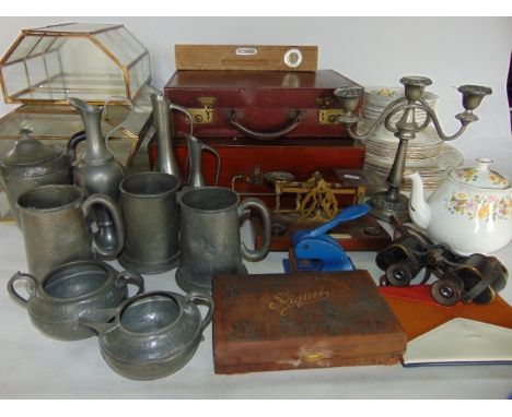 A miscellaneous collection to include a quantity of Colclough bone china tea wares, pewter tankards, candle stand, vases, ant