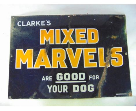 A vintage enamel advertising sign of rectangular form, the navy blue ground interspersed with shades of bright orange and whi