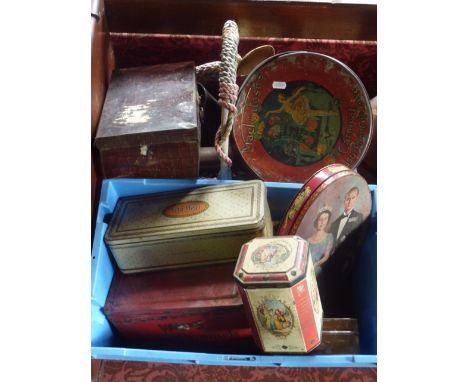 A miscellaneous collection to include various printed tins, evening jackets, a speedy moisture tester assembly by Thomas Ashw