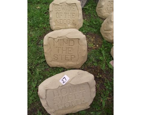 Three contemporary cast composition stone garden notices in the form of rough hewn stones with script Beward of the Dog, Home