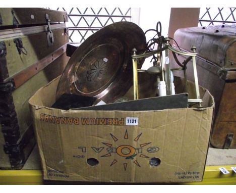 A box of miscellaneous items to include a brass hexagonal hanging hall lantern  with concave outline, an Eastern copper dish 