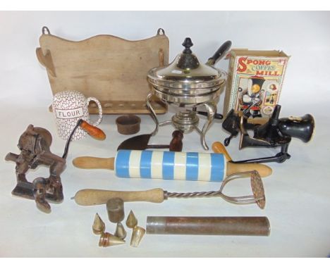 An assortment of 20th century kitchenalia to include a T G Green & Company Cornish ware ceramic rolling pin with timber handl