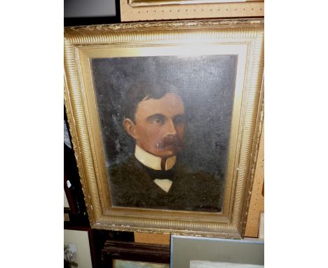 A collection of 19th century and other pictures and prints including a 19th century oil painting on canvas of a shoulder leng