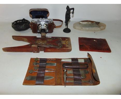 A small miscellaneous collection to include an agate ashtray decorated with an applied painted spelter trout, a folding timbe