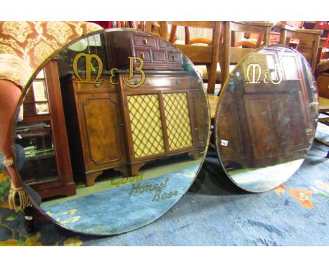 Two vintage frameless pub wall mirrors, of circular form, with bevelled edge plate, advertising M &amp; B Good Honest Beer, 7