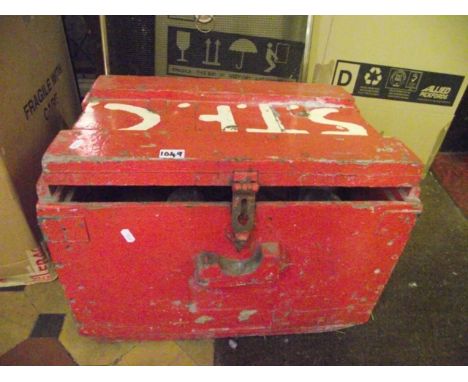 A vintage painted wooden box/crate containing nine skittle pins