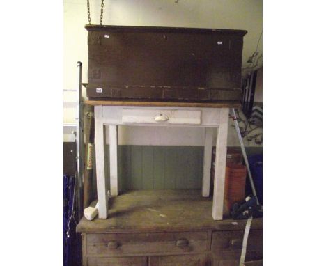 A small vintage pine kitchen table with rectangular stained top over a frieze drawer and four square tapered legs with painte