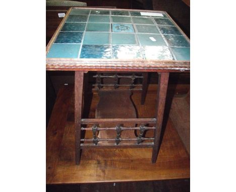 A late 19th century occasional table in mahogany, square-cut form with ceramic tile inset, turned spindle rail