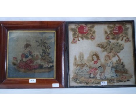 A Victorian mahogany framed woolwork tapestry, young girl with spaniel. 11' x 11' with another framed example