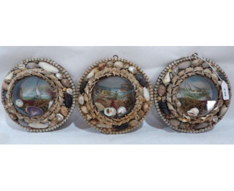 A group of three Edwardian shell-work souvenir dioramas, each with a marine lithograph in colours, mounted with shells and se