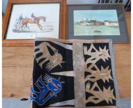 A watercolour of Venice signed J.Penny, a racing print after Alken and a Batik textile