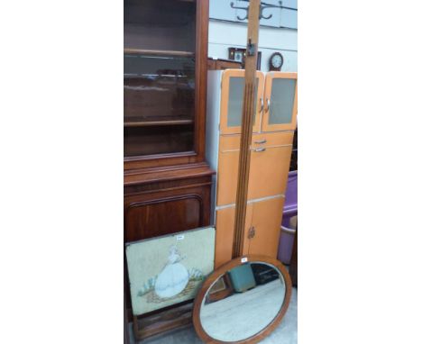 An oak coatstand, firescreen and an oak framed mirror