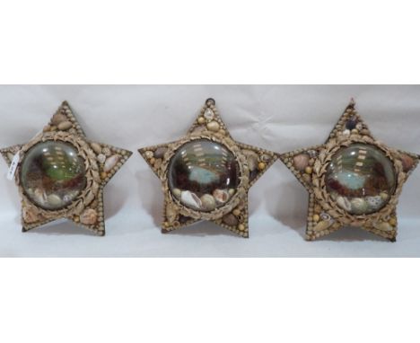 A group of three Edwardian shell-work souvenir dioramas, of star form, each with a lithograph in colours depicting coastal sc