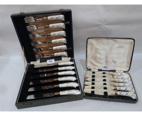 A cased Wedgwood six place fish set with ceramic pistol grip hafts, the blades marked  Mappin and Webb and a matching set of 