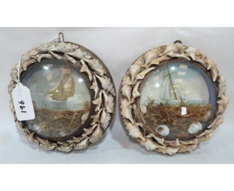 A pair of Edwardian shell-work souvenir dioramas, each with a marine lithograph in colours, mounted with shells and seaweed b