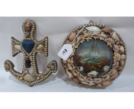 An Edwardian shell-work souvenir diorama with a marine lithograph in colours, mounted with shells and seaweed under glass and