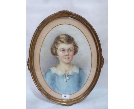 ROSA CARTER. BRITISH FL. 1889-1935 Portrait of a young girl in blue dress. Signed. Watercolour 13' x 9½' oval
