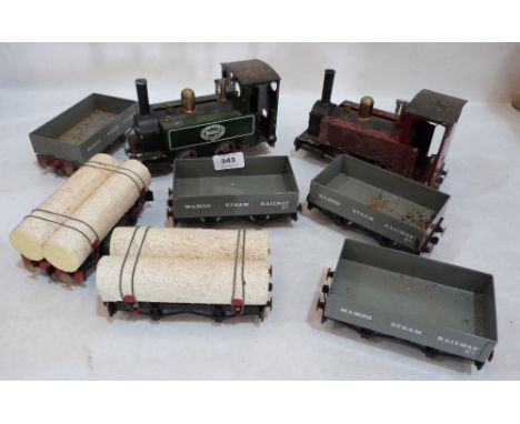 Two Mamod live steam tank engines and six trucks with manual