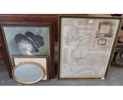 A Bowen map of the County of Lancaster, a portrait print, small mirror and a watercolour