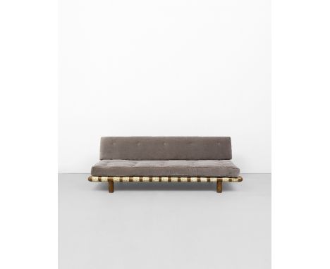 T.H. Robsjohn-Gibbings'Strap' sofa, model no. 1711, 1950sWalnut, fabric upholstery, original canvas webbing. 78 x 235 x 94 cm