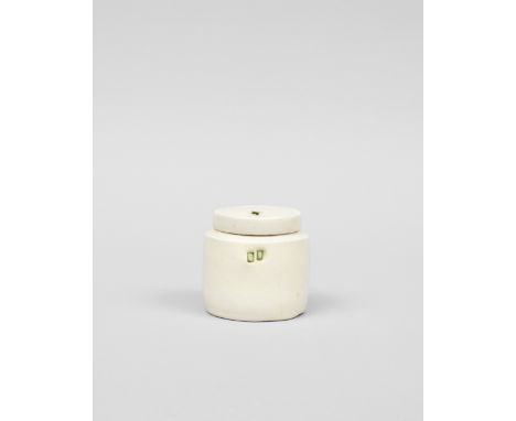 Edmund de WaalLidded jar, circa 1990Porcelain, cream celadon glaze with vivid green splashes. 9.4 cm high, 9 cm diameter Impr