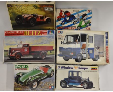 Model Kits - Tamiya 1/24th scale, 2441 Toyota Hiace Quick Delivery Truck;  2446 Lotus Super 7 series II;  1801-300 Motor Scoo