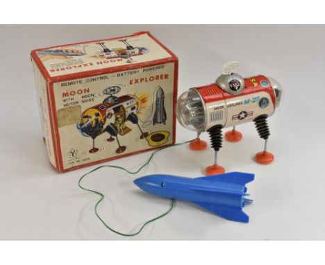 Yonezawa (Japan) Moon Explorer -  tinplate moon walking vehicle in red and white with detailed tinprinting, 'NASA' markings, 