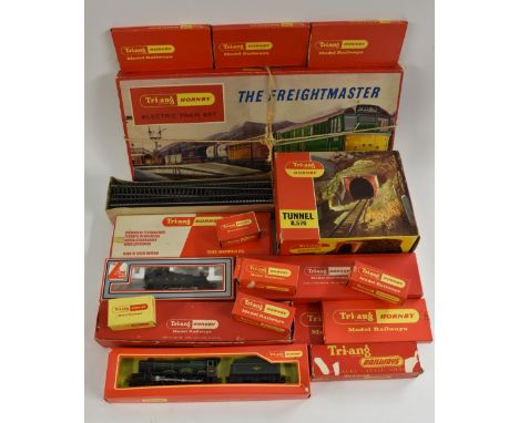 A Tri-ang The Frieghtmaster RS51, boxed; other locomotives, carriages, track, Albert Hall 4983 and tender R759 and R760; a Li