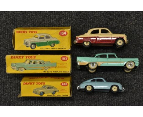 Dinky Toys  - a 182 Porsche 356A Coupe with windows, light blue body, cream hubs. others 164 Vauxhall Cresta Saloon, two tone