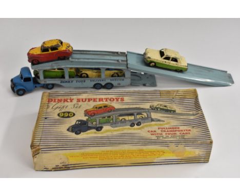 Dinky Toys -  Gift Set 990 Pullmore Car Transporter with Four Cars, Bedford Car Transporter, blue cab and cast wheel hubs, li