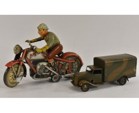 An Arnold  Western Germany tin plate clockwork motor bike, Mac 100, red livery, 18.5cm wide, c.1930;   a Mimic toy Army vehic