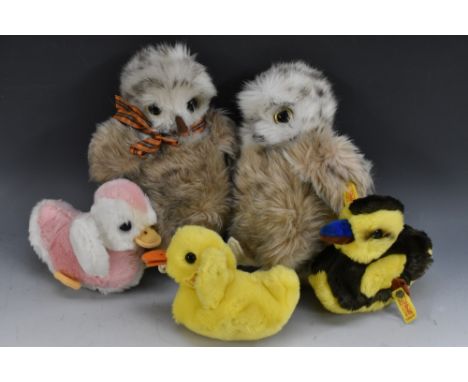 Steiff Stuffed Toys - a pair of grey and Spotted Baby Owls, yellow tags, No 2591/22;  others Ducks, pink and white, No 5691/1