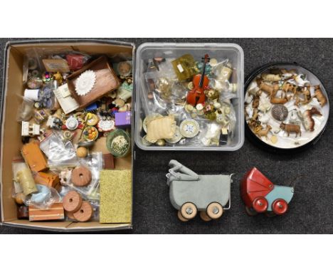 Dolls House Accessories - a tin plate pram, pale blue body, red canopy and wheels;  another larger cloth covered;  painted tr