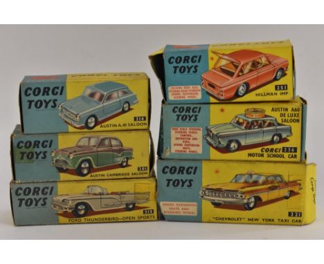 Corgi Toys - 201 Austin Cambridge Saloon, metallic green and silver body, spun hubs, black tyres;  215 Ford Thunderbird-Open 