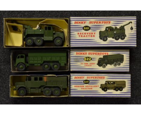 Dinky Supertoys - Military Vehicles, 622 10-Ton Army Truck;  661 Recovery Tractor;  689 Medium Artillery Tractor, all striped