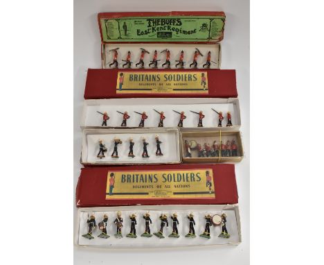 Britains - various including Royal Marine Band, blue uniform comprising three drummers, six trumpeters & band leader, c1950s;
