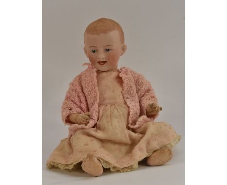 Gebruder Heubach - a character baby doll, painted intaglio blue eyes, open mouth, moulded and painted light brown hair, compo