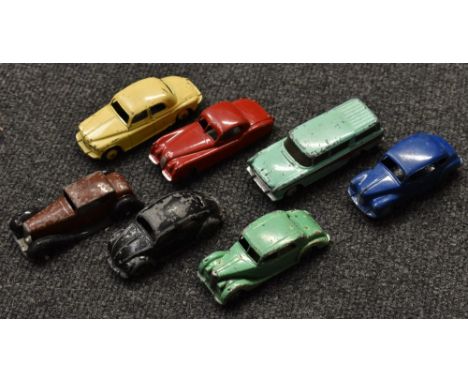 Dinky Toys - 40A (158)  Riley Saloon, light green, dark green hubs;  140b (156) Rover 75, cream body and hubs;  157 Jaguar XK