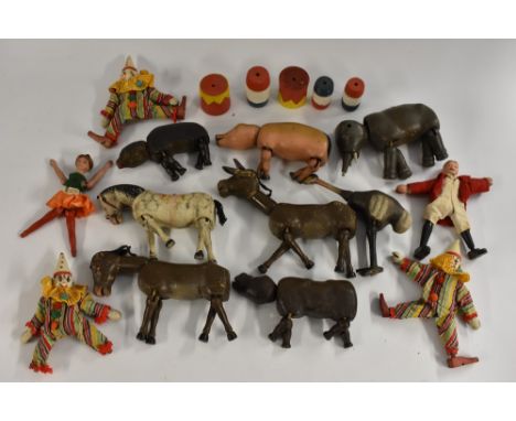 A Humpty Dumpty Circus series,  by Albert Schonhut, comprising elephant, two donkeys, pig, bear, hippopotamus, ostrich, show 