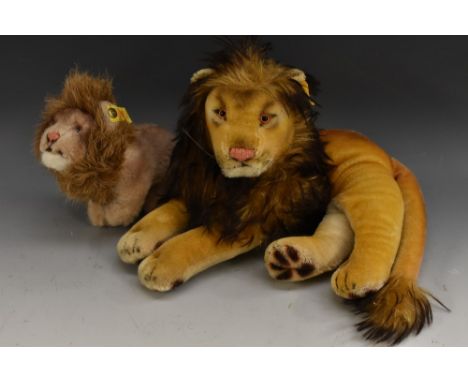 Steiff Stuffed Toys - Lying Leo Lion Replica, yellow tag, No 0111/21;  another smaller Leo Standing, yellow tag, No 1460/13 (