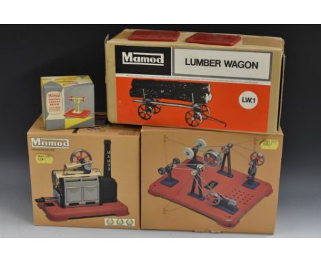 Mamod - an Sp2 stationary steam engine;  others WS 1 Workshop, LW 1 Lumber Wagon,  Miniature Grinding machine all boxed (4)