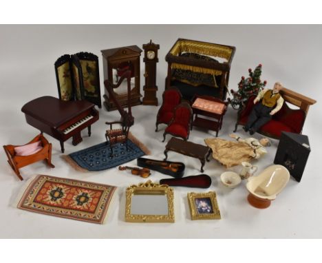 Dolls House Accessories - furniture etc inc four poster bed, chimney pieces Grand Piano, Longcase clock,  three piece salon s