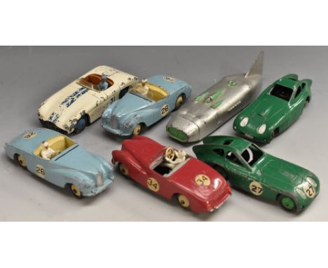 Dinky Toys - 107 Sunbeam Alpine (competition finish), pale blue, cream hubs, Rn 26;  another missing screen;  another maroon,