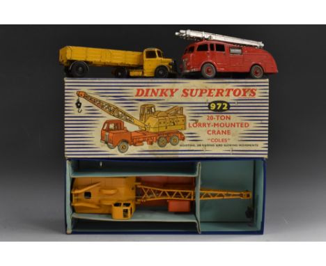 Dinky Supertoys - 972 20-Ton Lorry Mounted Cole's Crane, orange body, yellow crane and jib, two blue drivers, striped box;  5