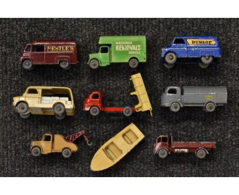 Matchbox Toys - No 13 Wreck Truck, tan body, red crane and hook, metal wheels, 54mm long;  No 17 Matchbox Removals Van, light