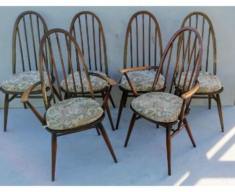 A set of six (4+2) Ercol blue label elm and beech spindle-back Quaker Windsor dining chairs, structurally in good condition, 